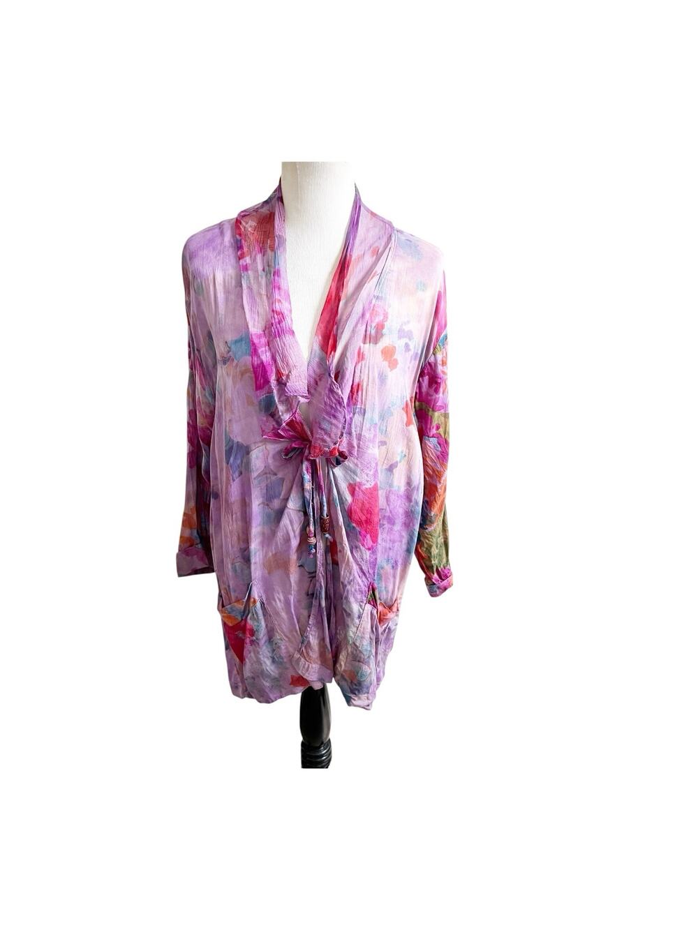 URU Women’s Tie Front Kimono Abstract Floral Print Purple One Size Lagenlook